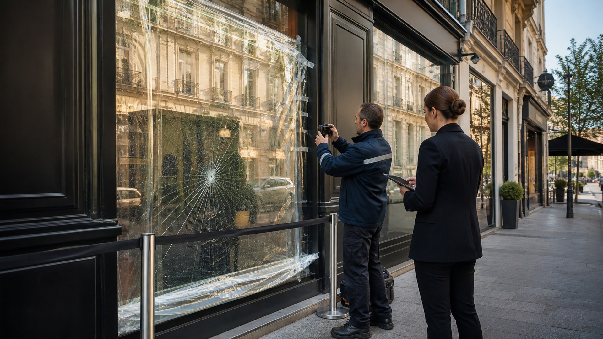 Intervention sur une vitrine fissurée et protégée