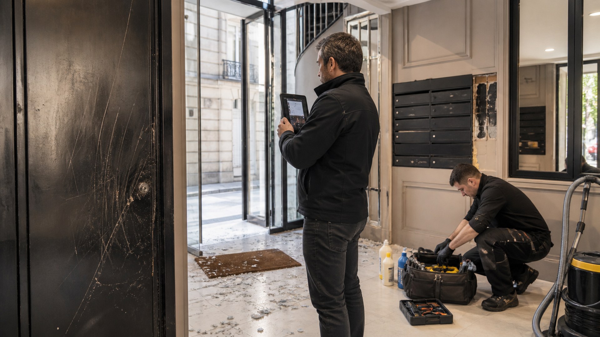 Constat et remise en état après vandalisme dans un hall
